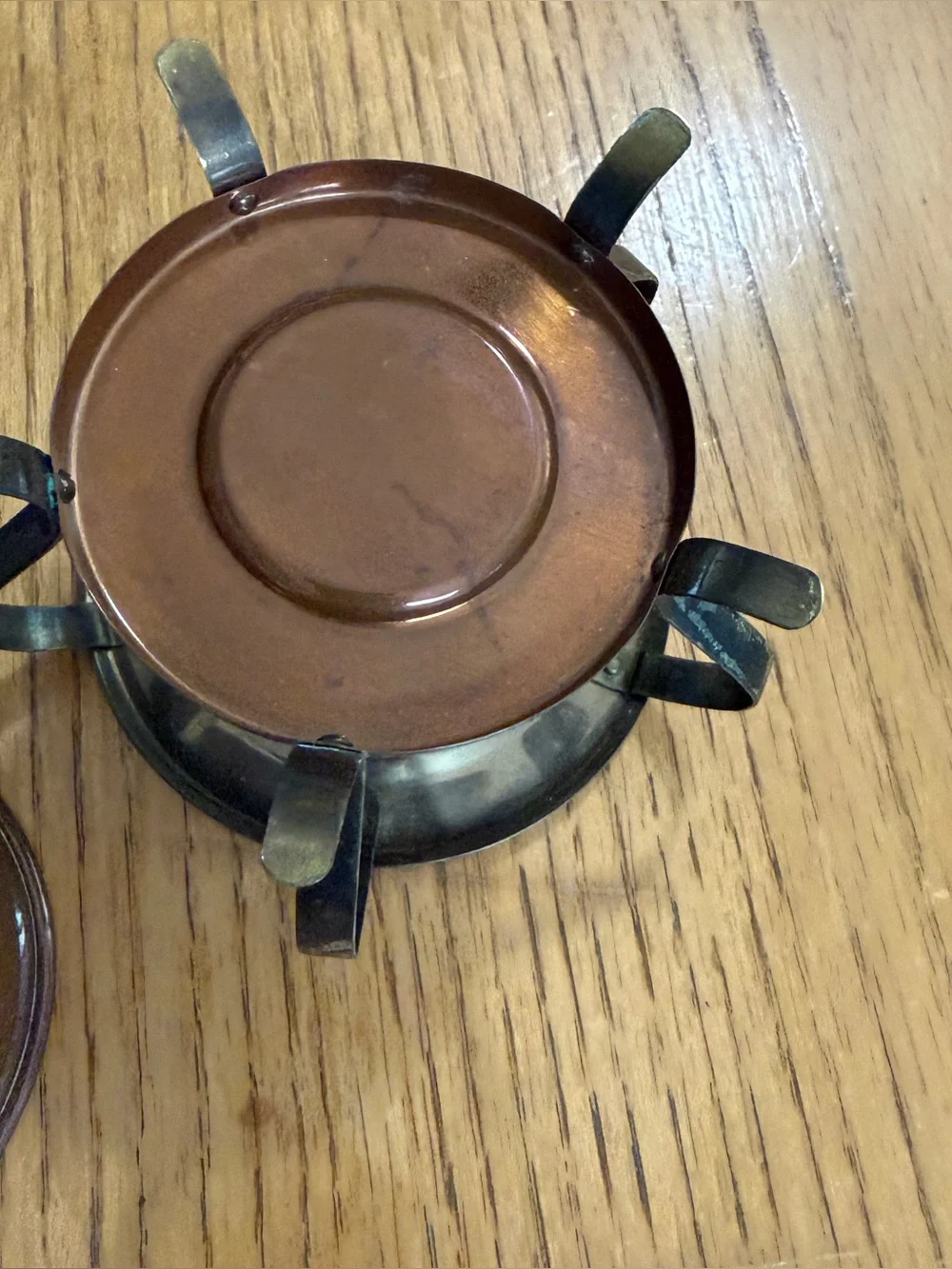 Vintage Copper & Brass Miniature Fondue Set Chafing Dish W/ Wooden Handle